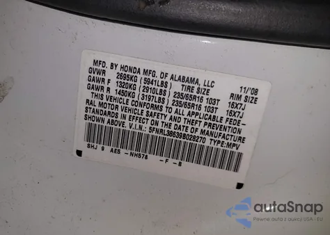 2009 Honda Odyssey Ex-L from USA, damaged, VIN 5FNRL38639B028270